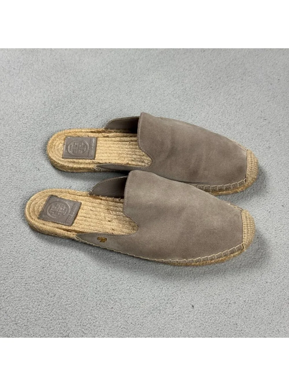 Tory Burch Suede Espadrille Mules Womens Size 8.5 M Taupe Slides Flat Slipper